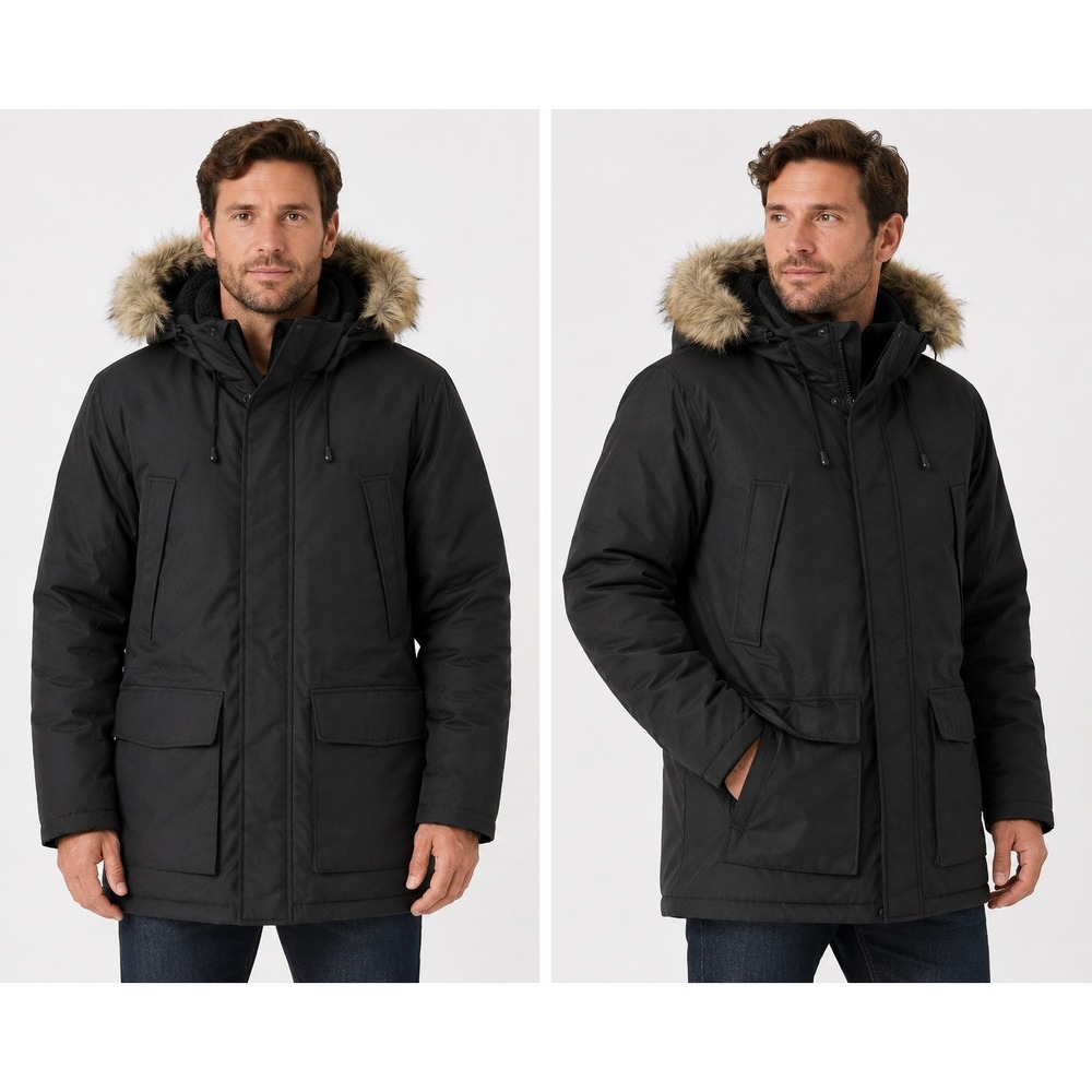 Outdoor Life Mens Black Winter Parka Faux Fur Hood Insulated Jacket Small